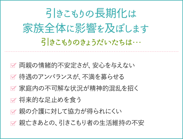 不登校や引きこもりの長期化は家族全体に影響を及ぼします　引きこもりのきょうだいたちは・・・